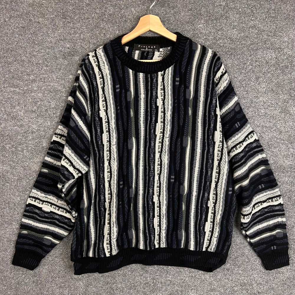 Vintage Protege Collection coogie Sweater XL Black Blue Grey 3D Knit Textured